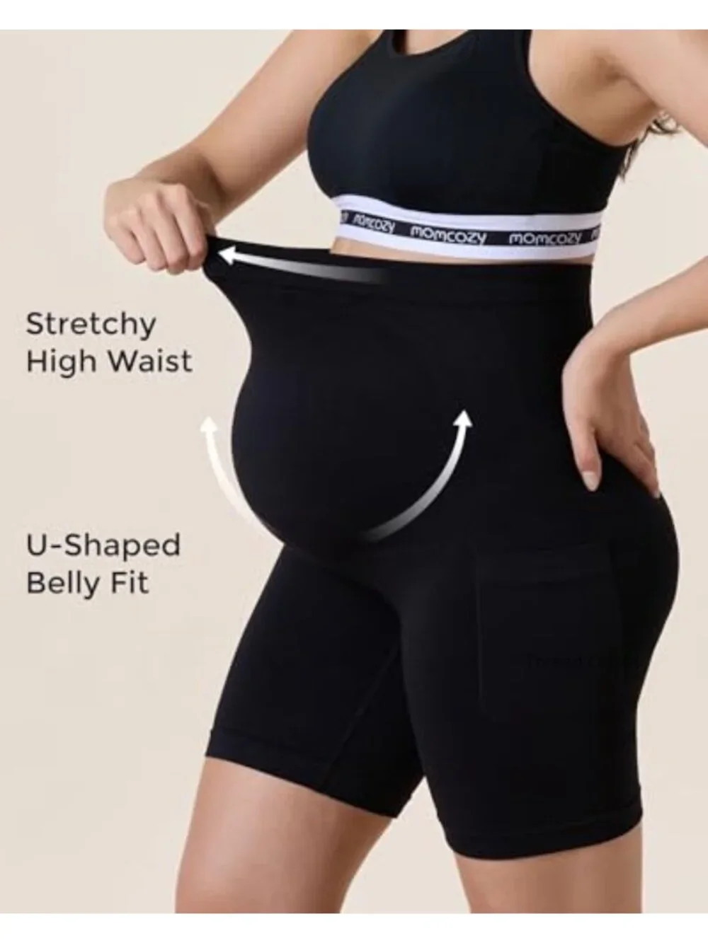 Maternity Biker Shorts Seamless Knit Over Belly High Waisted with Pocket Yoga